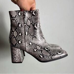 Madden Girl Black & White Snake-Print Block Heel Ankle Boots